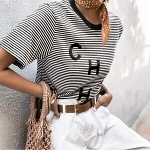 Ellandemm Cha Cha T-Shirt Women's Size M Black/White Striped Vacation Beach NWT